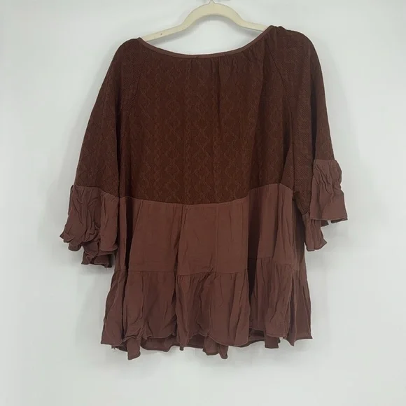 Davi & Dani Brown Boho Peasant Top – Ruffle Hem, Bell Sleeves Multiple Sizes NWT - Picture 4 of 5